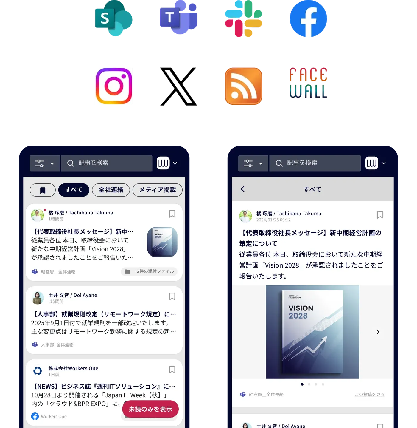 複数サービスの投稿がひとつのタイムラインに表示された画面