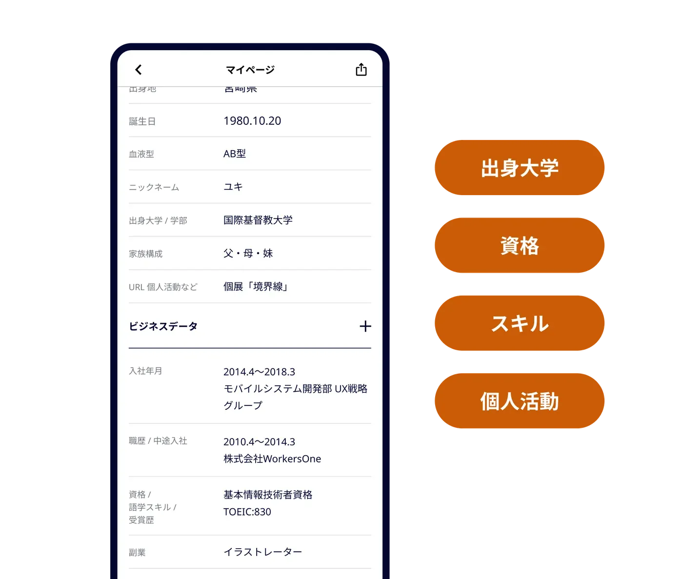職歴やスキルを表示するプロフィールページ