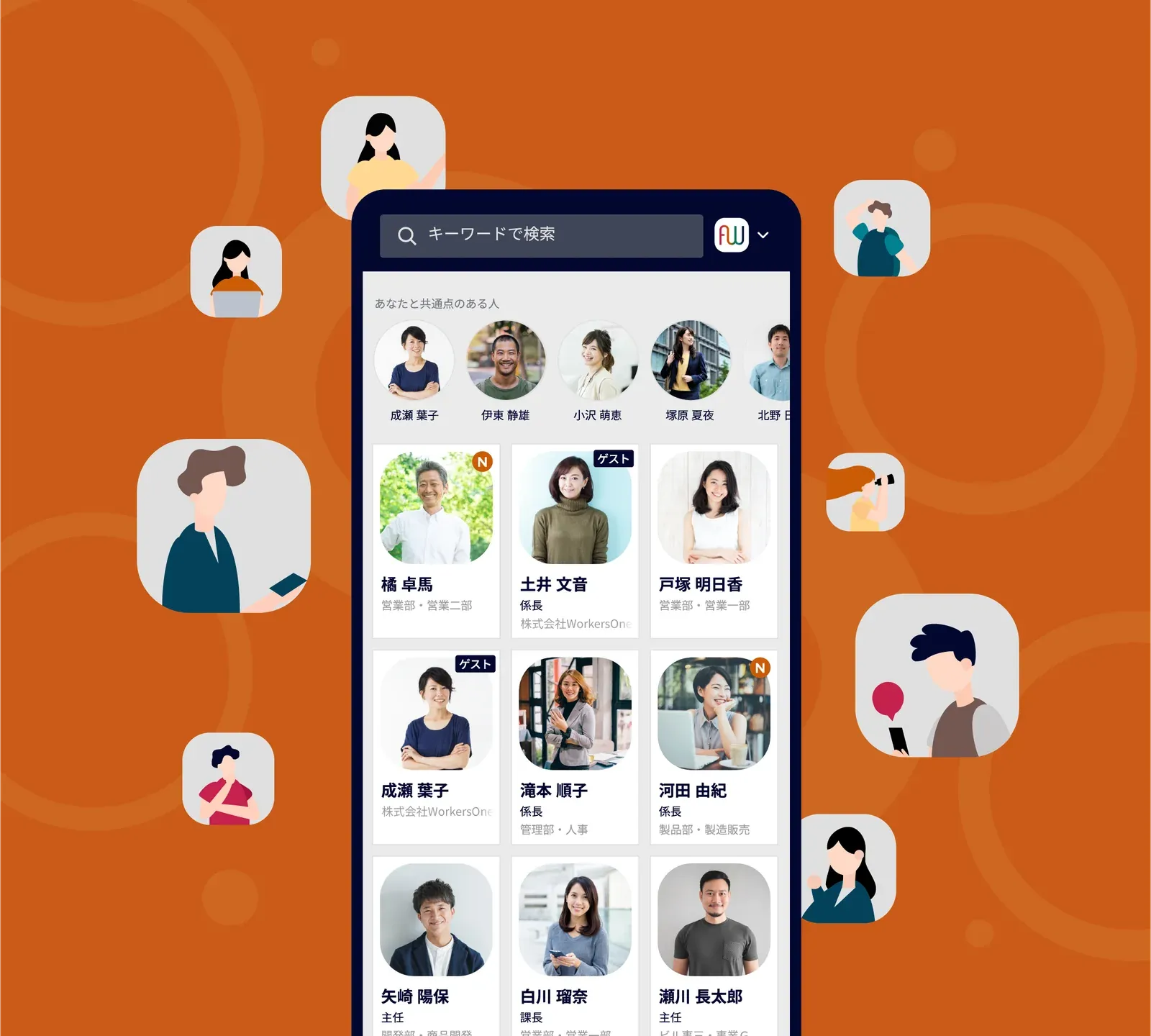 スマートフォンに表示されたFACE WALLの社員一覧画面